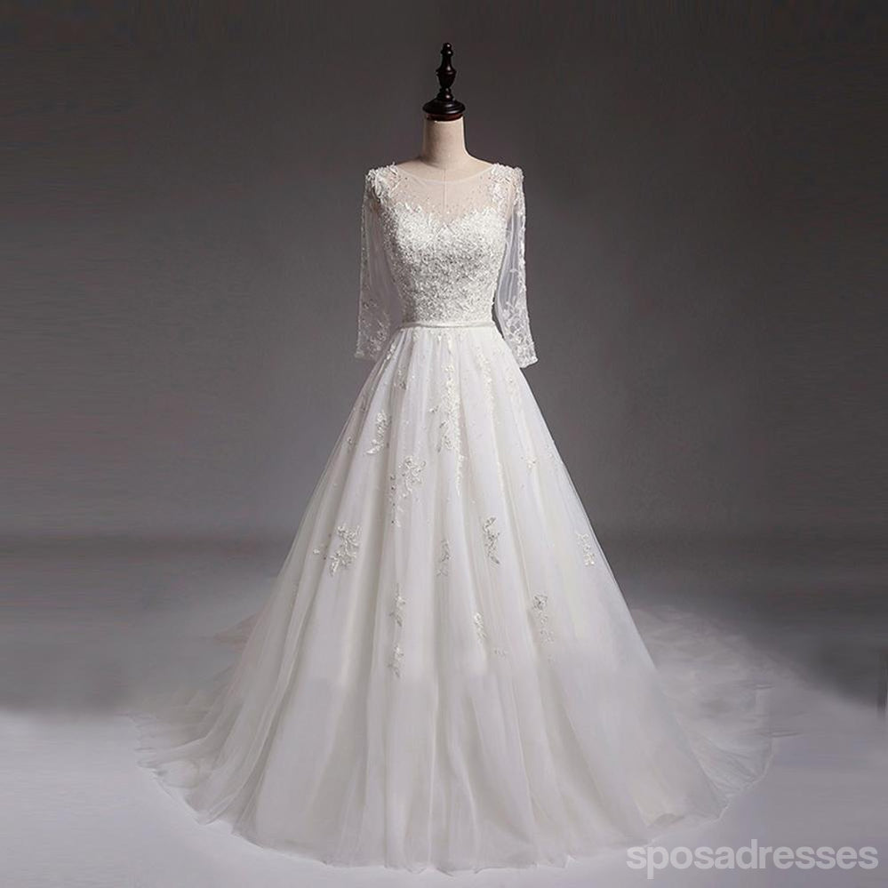 Sexy See Through Long Sleeve Lace A line Wedding Bridal Dresses, Affordable Custom Made Wedding Bridal Dresses, WD266