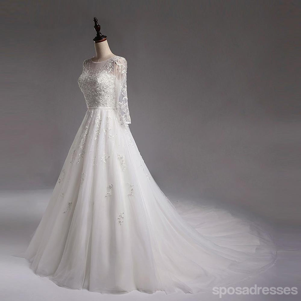 Sexy See Through Long Sleeve Lace A line Wedding Bridal Dresses, Affordable Custom Made Wedding Bridal Dresses, WD266