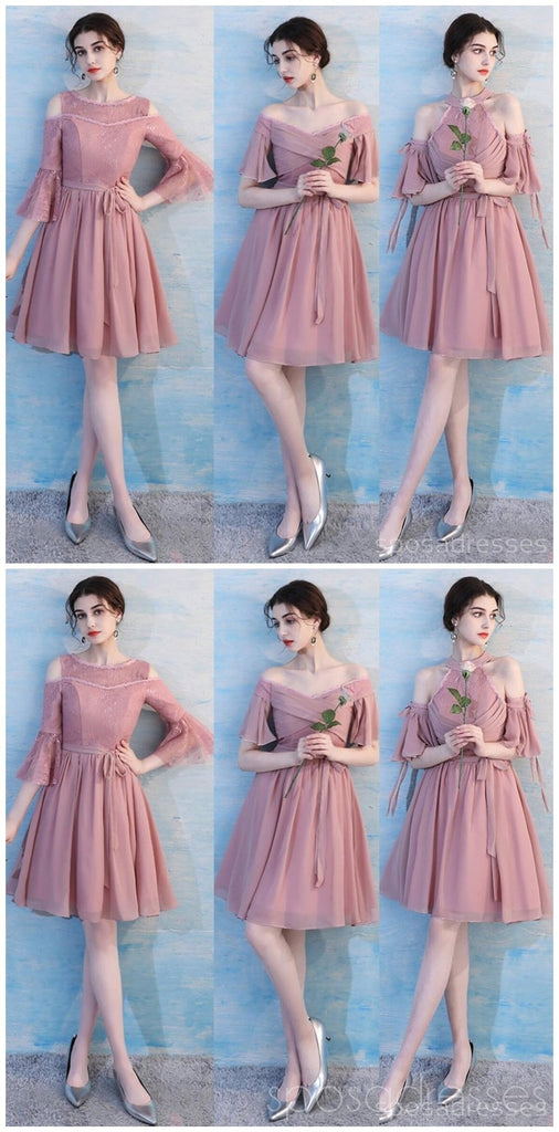 Dusty Pink Chiffon Dépareillé Simple Short Bridesmaid Robes en ligne, WG514