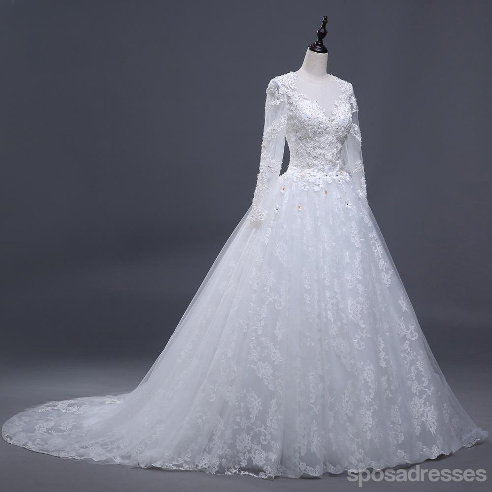 2018 Sexy durchsichtige Langarm Spitze A Linie Hochzeit Brautkleider, erschwingliche maßgeschneiderte Hochzeit Brautkleider, WD267