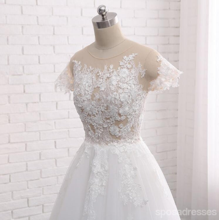 Ver Através de Manga Curta, Uma Linha de Casamento do Laço Nupcial Vestidos sob medida Vestidos de Noiva, Casamento Acessível Vestidos de Noiva, WD241