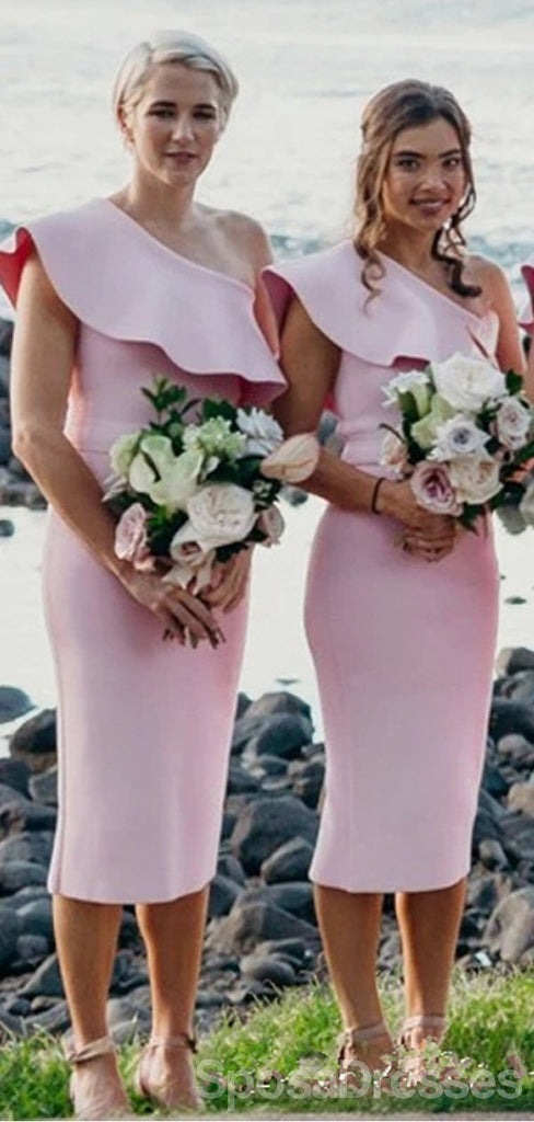 One Shoulder Pink Short Cheap Bridesmaid Dresses Online, WG674