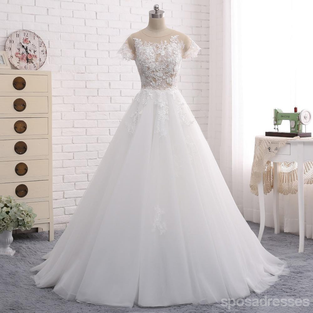 Ver Através de Manga Curta, Uma Linha de Casamento do Laço Nupcial Vestidos sob medida Vestidos de Noiva, Casamento Acessível Vestidos de Noiva, WD241