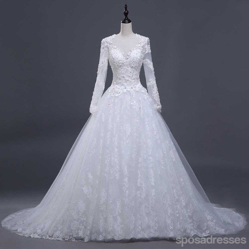 2018 Sexy durchsichtige Langarm Spitze A Linie Hochzeit Brautkleider, erschwingliche maßgeschneiderte Hochzeit Brautkleider, WD267