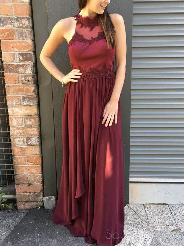 Sexy Open Back Maroon Halter Chiffon Long Evening Prom Dresses, 17519