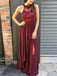 Sexy Open Back Maroon Halter Chiffon Long Evening Prom Dress, 17519