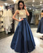 Navy Heavily Beaded Bateau A-line Long Evening Prom Dresses, 17579