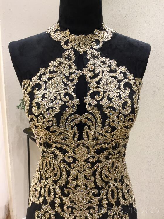 Black Halter Mermaid Gold Lace Beaded Evening Prom Dresses, Popular Black Party Prom Dresses, Custom Long Prom Dresses, Cheap Formal Prom Dresses, 17173