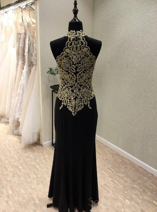 Black Halter Mermaid Gold Lace Beaded Evening Prom Dresses, Popular Black Party Prom Dresses, Custom Long Prom Dresses, Cheap Formal Prom Dresses, 17173