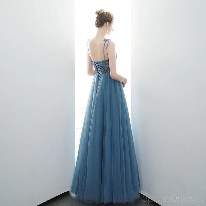 Spaghetti Straps Dusty Blue Cheap Evening Prom Dresses, Evening Party Prom Dresses, 12176