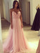 Pink V Neck Lace Beaded Halter Tulle A-line Floor Length Custom Long Evening Prom Dresses, 17382