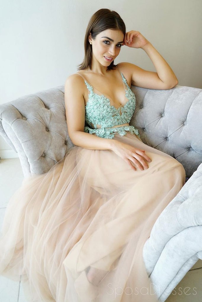 V-neck Mint Lace Tulle A-line Long Evening Prom Dresses, Cheap Party Custom  Prom Dresses, 18622