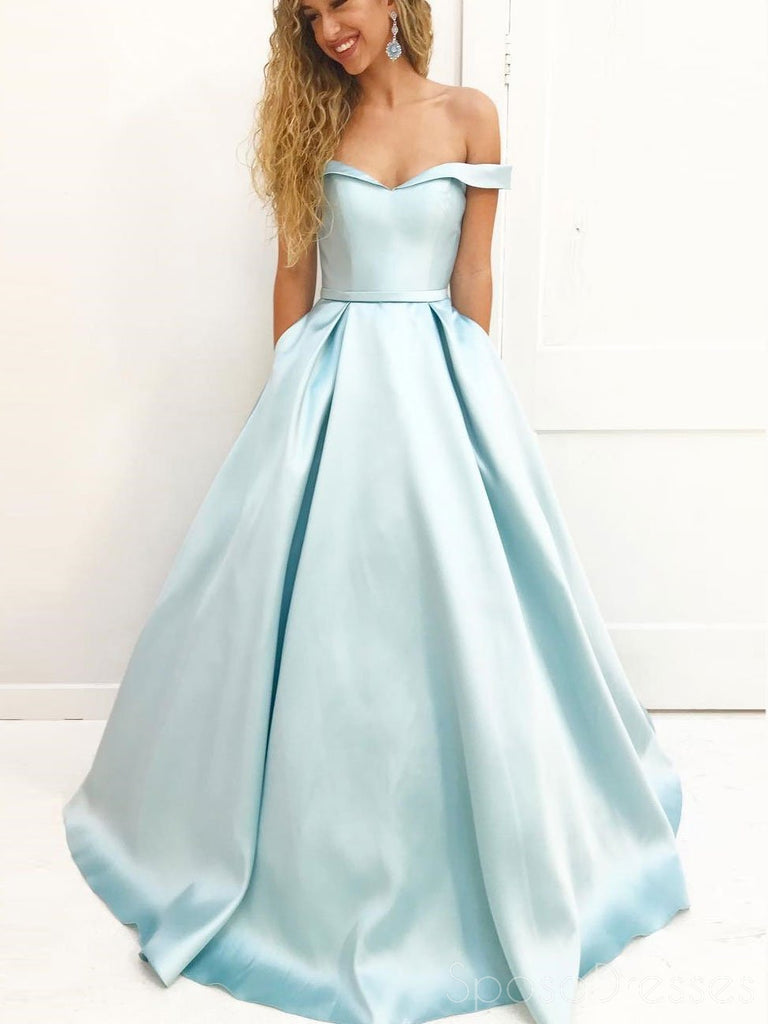 Simple  Off Shoulder Tiffany Blue Satin Una línea de vestidos de fiesta de noche largos personalizados, 17442