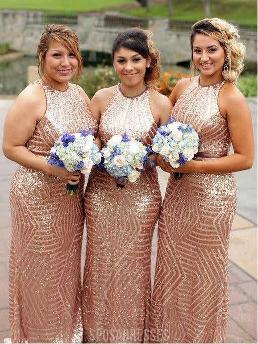 Gold Sequin Mermaid Halter Cheap Long Bridesmaid Dresses Online, WG283