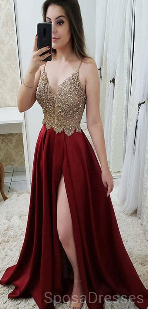 Spaghetti Straps Side Slit Gold Lace Beaded Evening Prom Dresses, Cheap Custom Sweet 16 Dresses, 18481