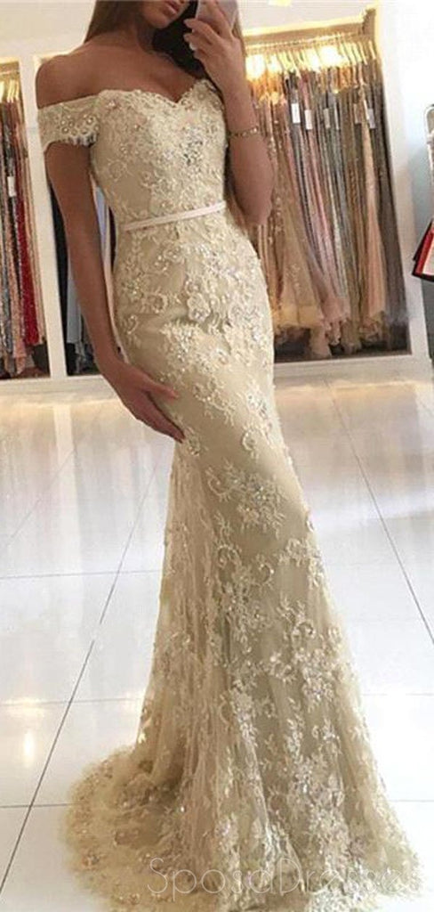 Off Shoulder Gold Lace Mermaid Evening Prom Dresses, Fashion Party Prom Dresses, Custom Long Prom Dresses, Cheap Formal Prom Dresses, 17163