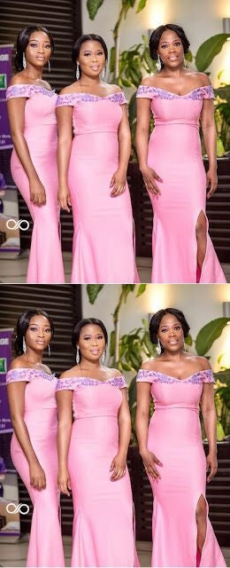 Pink Mermaid Off Shoulder Side Slit Cheap Long Bridesmaid Dresses,WG1590