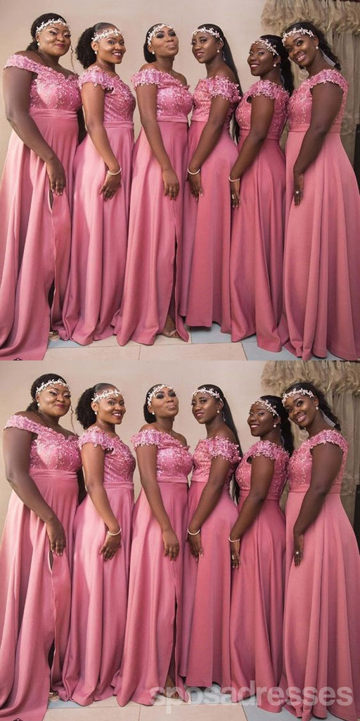 Pink Off Shoulder A-line Side Slit Cheap Long Bridesmaid Dresses Online,WG1659