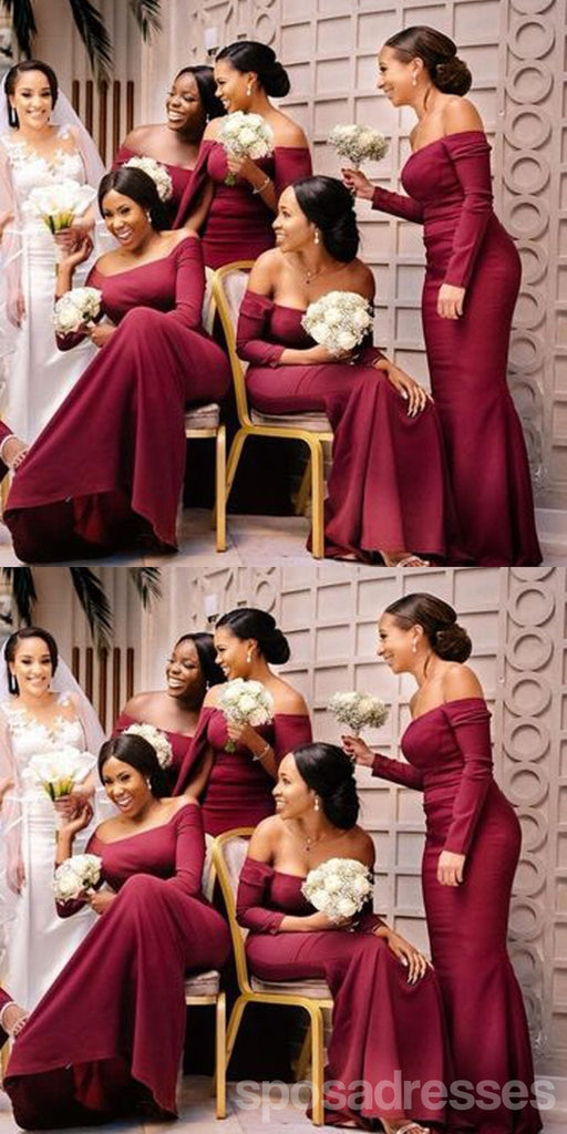 Red Mermaid Off Shoulder Long Sleeves Cheap Bridesmaid Dresses,WG1576