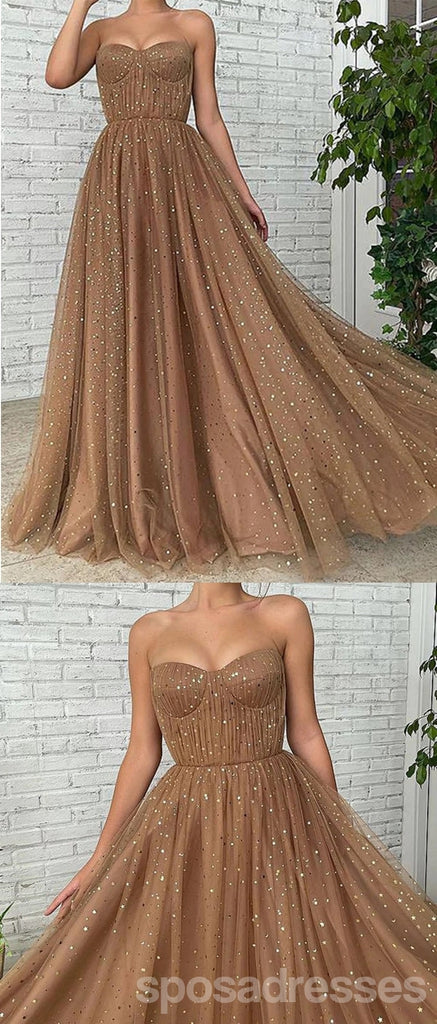 Sweetheart Neck Gold Pailletten A-Linie Günstige lange Abend Prom Kleider, Abend Party Prom Kleider, 12350