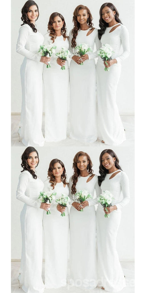 Simple White Mermaid Long Sleeves Cheap Bridesmaid Dresses,WG1552