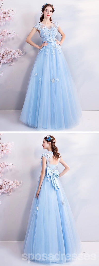 Blue A-line Short Sleeves Jewel Long Prom Dresses Online, Dance Dresses,12798