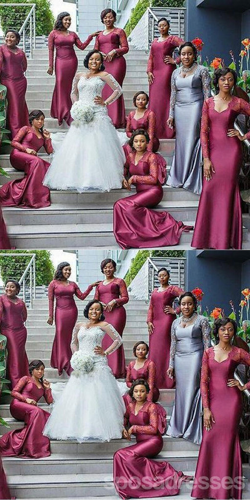 Red Mermaid V-neck Long Sleeves Cheap Bridesmaid Dresses,WG1480