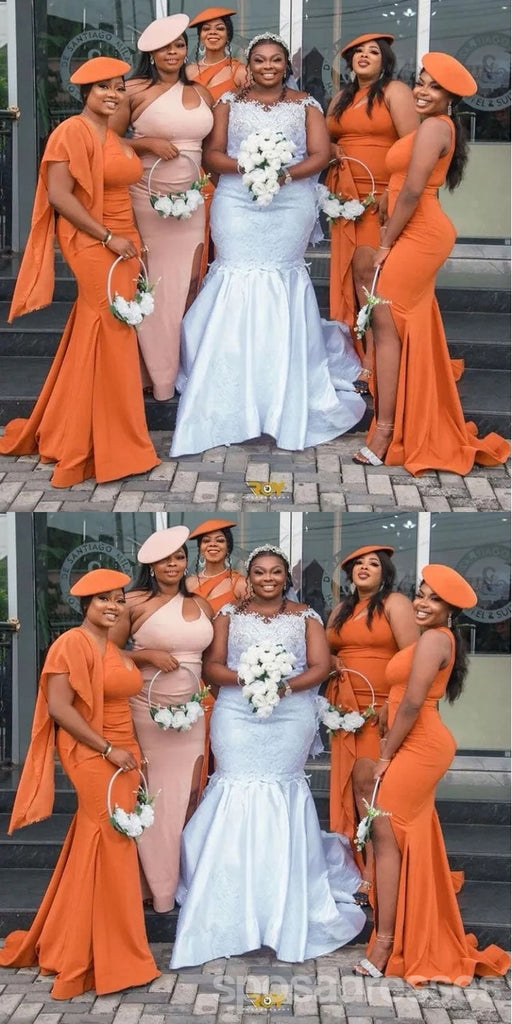 Orange Mermaid One Shoulder Cheap Long Bridesmaid Dresses,WG1523