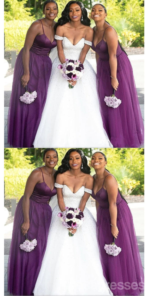 Purple Spaghetti Straps V-neck A-line Cheap Long Bridesmaid Dresses Online,WG1649