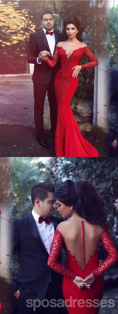 Illusion Mermaid Red Long Sleeves V-neck Cheap Long Prom Dresses,12824