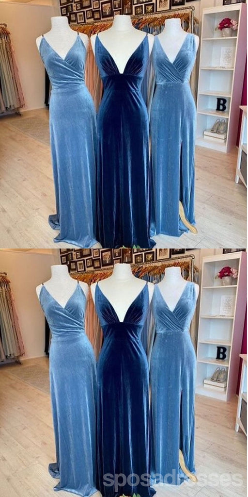 Mismatched Blue A-line V-neck Cheap Long Bridesmaid Dresses,WG1583