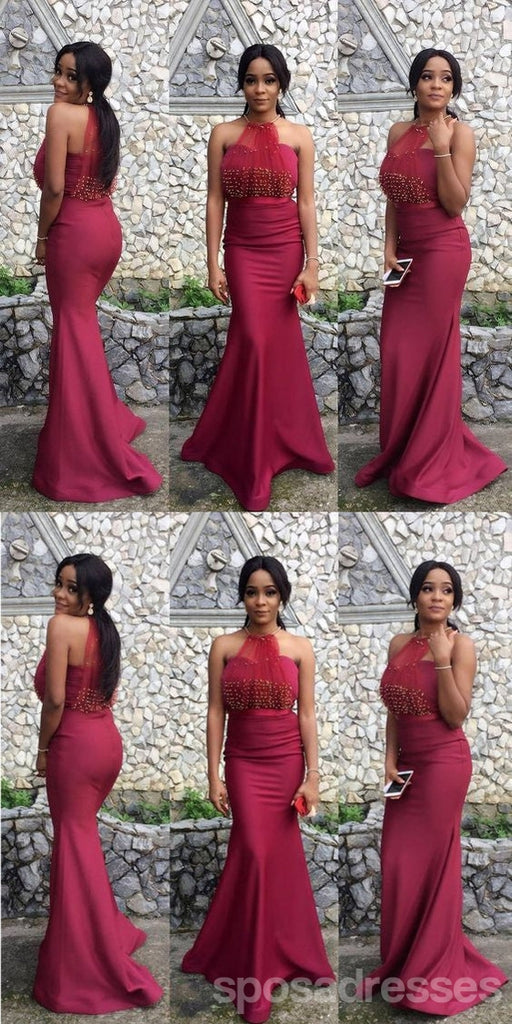 Elegant Red Mermaid Halter Cheap Long Bridesmaid Dresses,WG1528