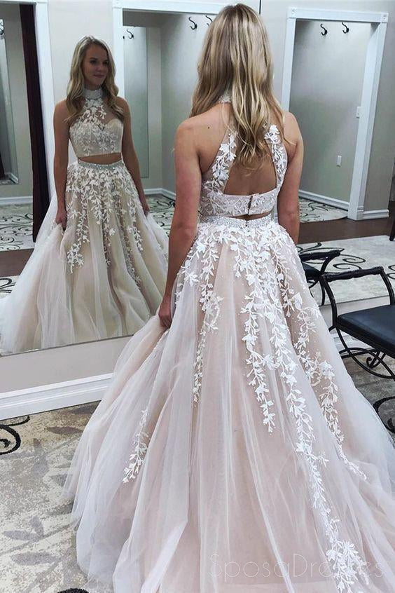 Sexy Two Pieces Halter Lace A line Long Evening Prom Dresses, Popular Cheap Long 2018 Party Prom Dresses, 17281