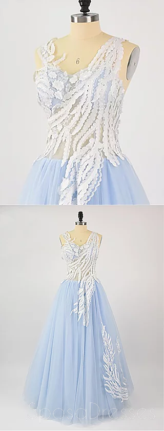 Pale Blue See Through Lace Cheap Long Evening Prom Dresses, Cheap Custom Sweet 16 Dresses, 18518