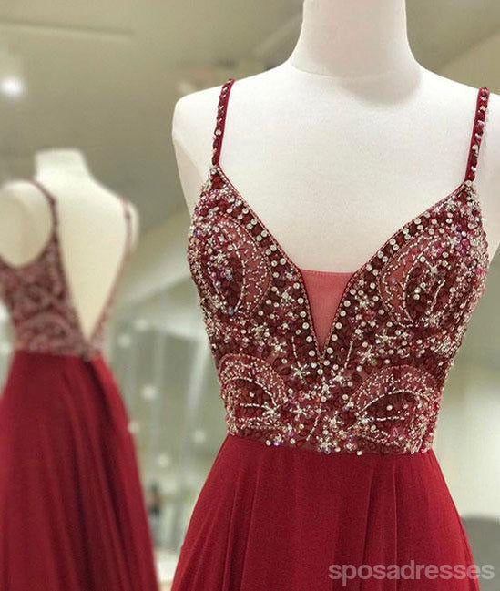 Sexy Backless Maroon Deep V Neckline Beaded Heavily A linha Long Evening Prom Dresses, Popular Cheap Long 2018 Party Prom Dresses, 17262