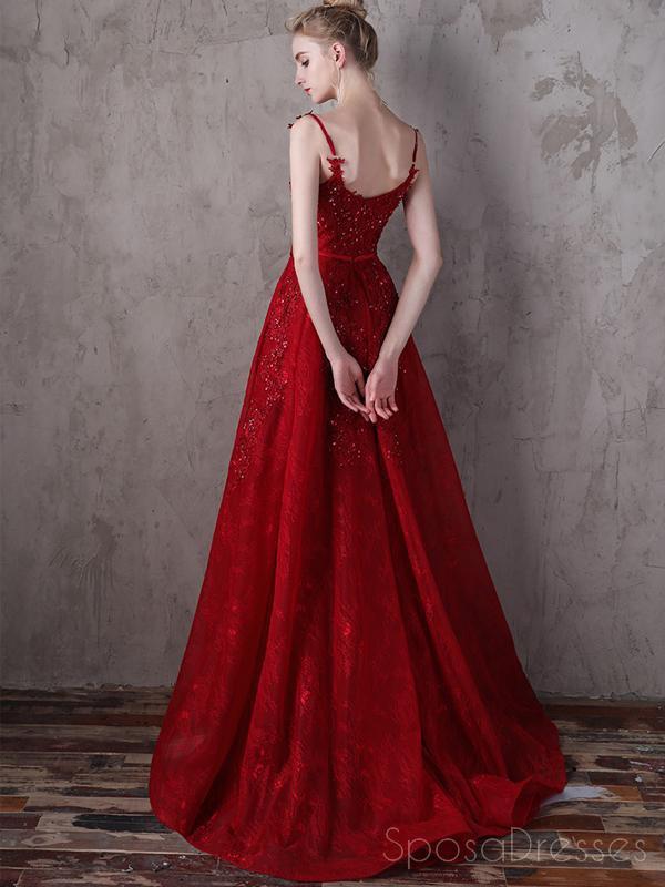 Lace Straps Dark Red A-line V-neck Cheap Long Evening Prom Dresses, Evening Party Prom Dresses, 18645