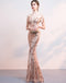 Off Shoulder Rose Gold Pailletten Meerjungfrau lange Abend Prom Kleider, Abend Party Prom Kleider, 12324