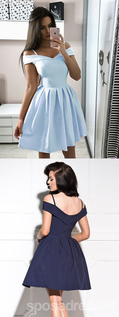 Simple Spaghetti Straps Off Shoulder Satin Short Cheap Homecoming Dresses Online, CM832