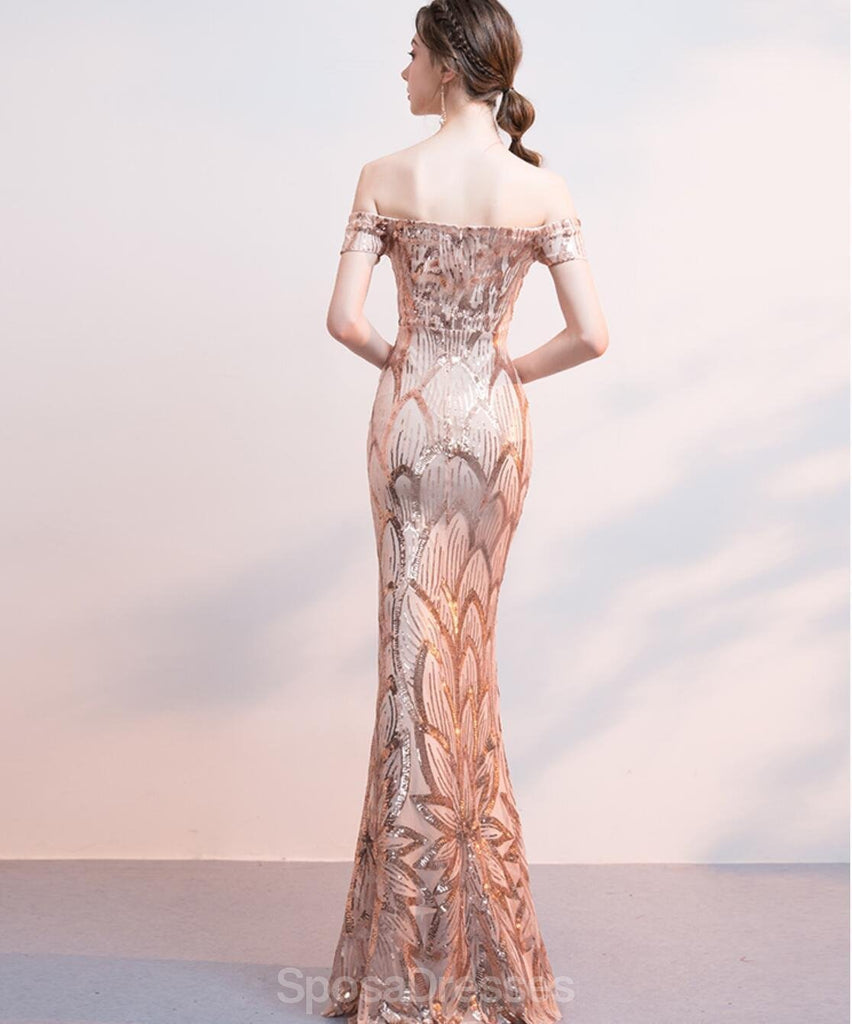 Off Shoulder Rose Gold Pailletten Meerjungfrau lange Abend Prom Kleider, Abend Party Prom Kleider, 12324