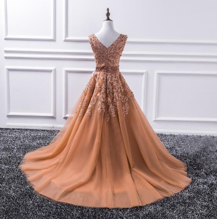 Sexy Deep V Neckline Brown A line Lace Long Evening Prom Dresses, Popular Cheap Long 2018 Party Prom Dresses, 17237