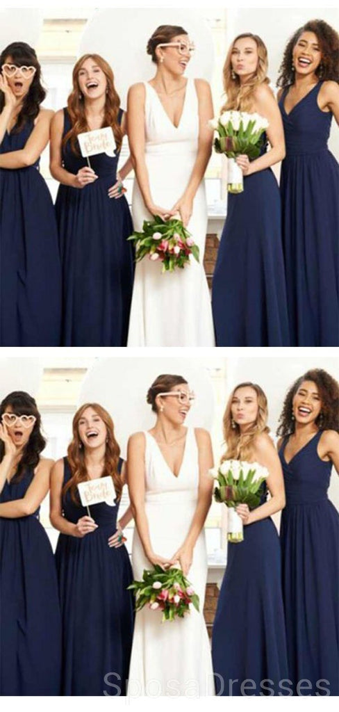 V Neck Navy Blue Chiffon Long Cheap Bridesmaid Dresses Online, WG609