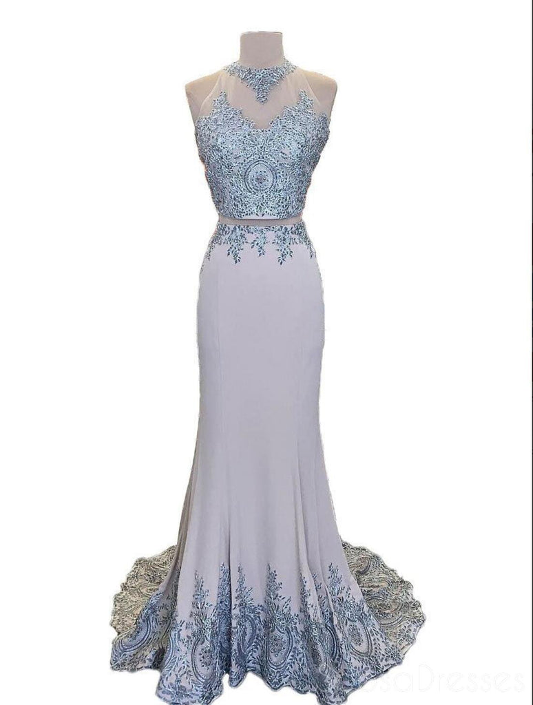 Two Pieces Halter Grey Lace Beaded Mermaid Long Evening Prom Dresses, Cheap Sweet 16 Dresses, 18376