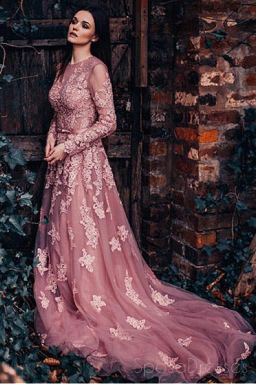 Sexy Open Back Pink Long Sleeve Lace Long Evening Prom Dresses, 17484