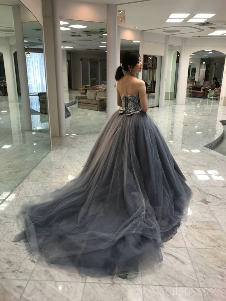 Grey Tulle A line Evening Prom Dresses, Ball Gown Party Prom Dress, Custom Long Prom Dresses, Cheap Formal Prom Dresses, 17078