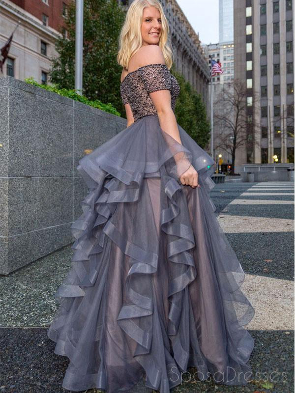 Off Shoulder See Through Beaded Grey Beaded A line Long Evening Prom Dresses, 17533