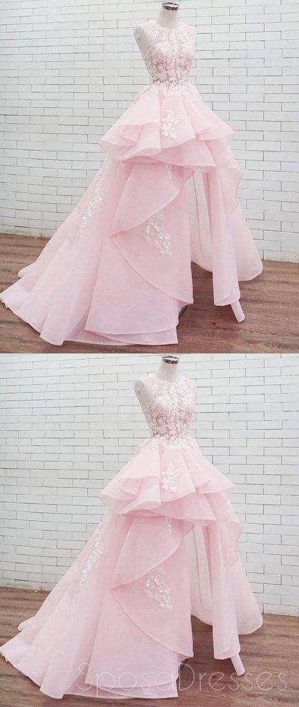 Halter Lace High Low Pink Organza Long Evening Prom Dresses, Cheap Custom Sweet 16 Dresses, 18461