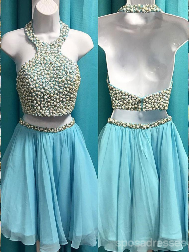 Pas cher Halter Pièce de Deux Strass Bleu Robes de bal 2018, CM498