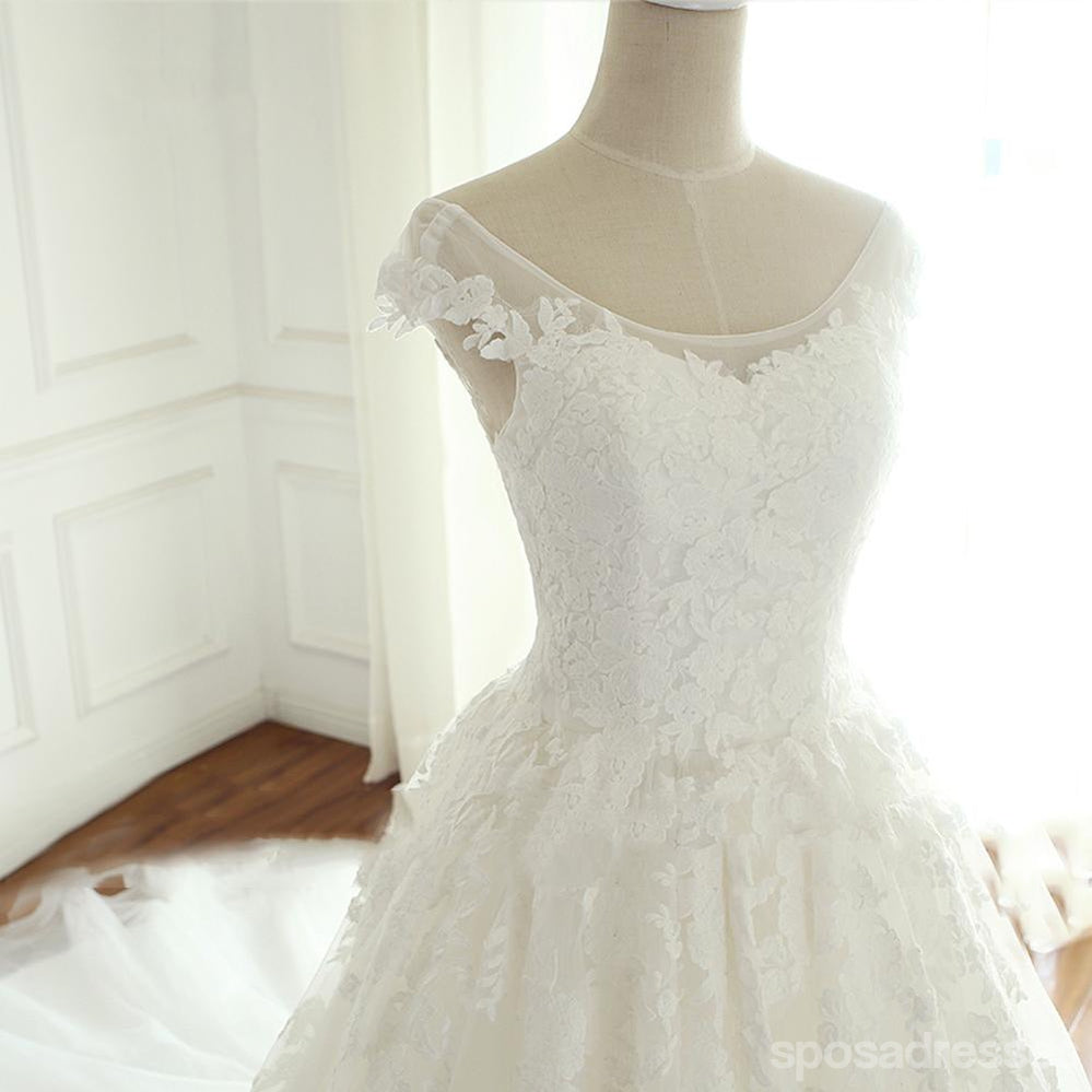 Cap Sleeve Scoop Neckline Lace A line Wedding Bridal Dresses, Cheap Custom Made Wedding Bridal Dresses, WD274