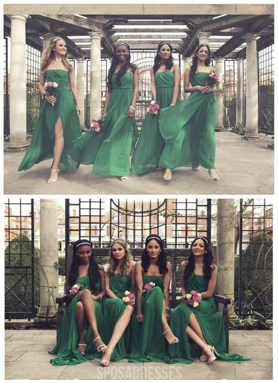 On Sale Straight Neckline Green Chiffon Pleating Long Bridesmaid Dresses, WG57