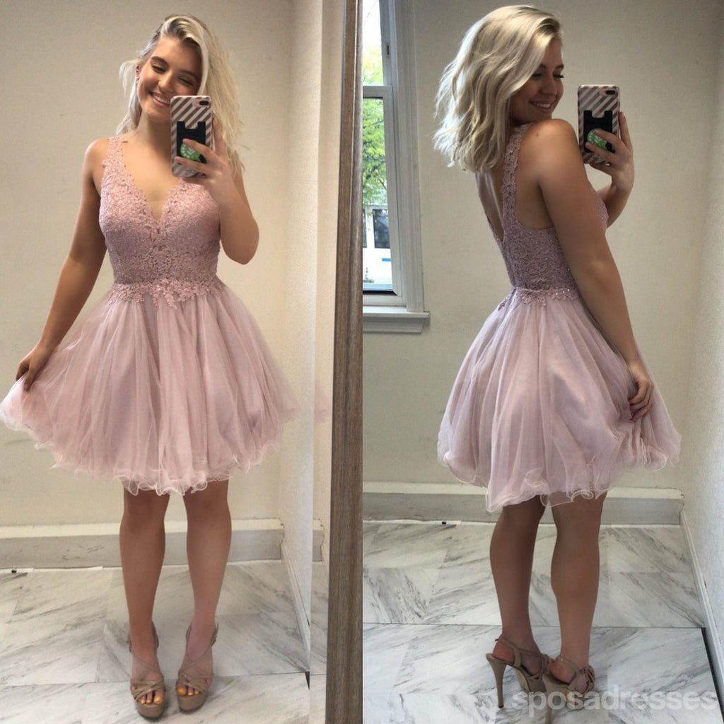 Sexy Backless Pale Pink V Neck Short Cheap Homecoming Dresses Online, CM582